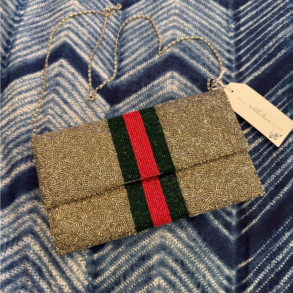 Beaded Moyna Designer Clutch GG inspired red green stripe